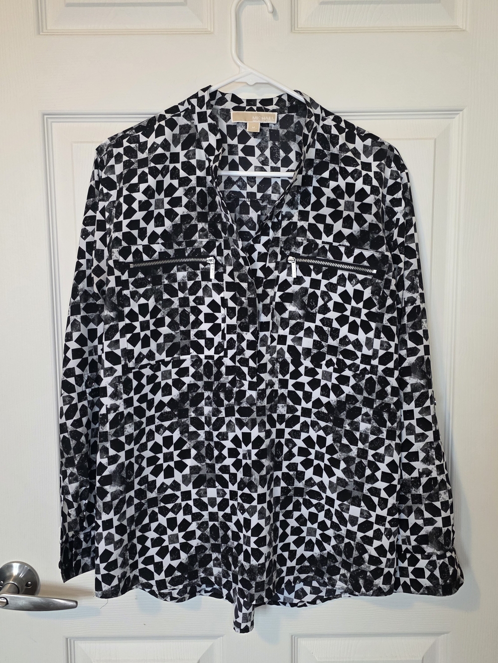 Michael Kors Geometric Print Zipper Pocket Blouse - Black & White (M)